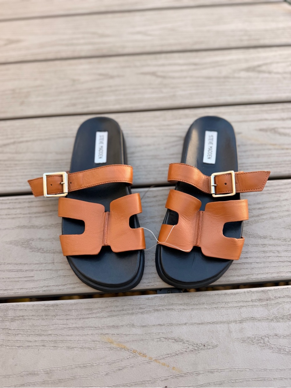 Steve Madden Hadyn Cognac Leather Buckle Slide Sandals Size 7.5